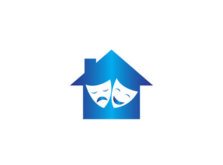 theatrical masks a double face two happy and sad faces for logo design illustration in a house shape home icon