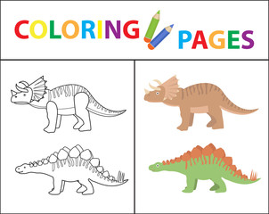 Coloring book page for kids. Dinosaurs set. Sketch outline and color version. Childrens education. Vector illustration
