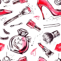 Tapeten Glamouröses Make-up nahtloses Muster mit Nagellack und Lippenstift. Kreatives Design für Karte, Webhintergrund, Bucheinband. © Tatiana 