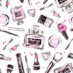 Pattern with hand drawn cosmetics. Nail polish, mascara, lipstick, eye shadows, brush, powder, lip gloss.