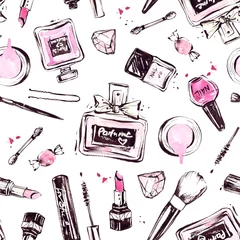  Patroon met handgetekende cosmetica. Nagellak, mascara, lippenstift, oogschaduw, borstel, poeder, lipgloss. © Tatiana 