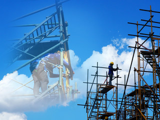 Construction workers working on scaffolding, Man Working on the Working at height with blue sky at construction site