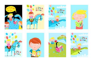 Fototapeta premium Kids Fun Reading Books Balloons Birthday Fairy Tales Event Cards Collection