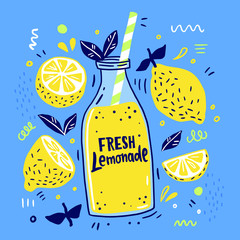 Fresh lemonade and it's ingredients. Lemon, lemon slice, mint and hand written text. Summer Doodle style