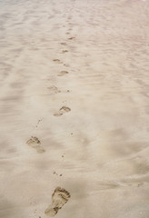 Footprints of bare feet on the sand of the beach. The coast of the ocean, the sea. Tourist background for travel agency. Stock photo