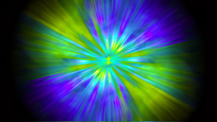 Bright rays of light in violet, green and yellow shine from the center forming a circle on a black background.