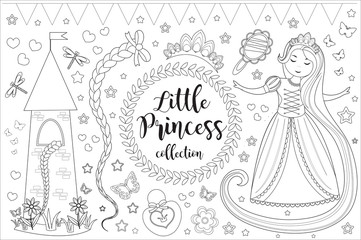 Cute little princess Rapunzel set Coloring book page for kids. Collection of design element sketch outline, doodle style. Kids baby clip art funny smiling kit. Vector illustration © Lucia Fox