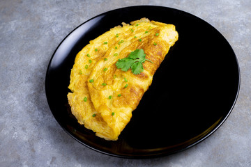 Omelette with tomatoes slide, coriander and scallion.
