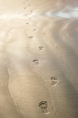 Fototapeta na wymiar Footprints of bare feet on the sand of the beach. The coast of the ocean, the sea. Tourist background for travel agency. Stock photo