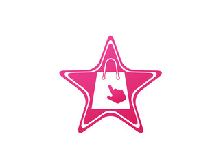 Obraz premium Bag for shop with click hand logo design illustration, online market icon in a star shape