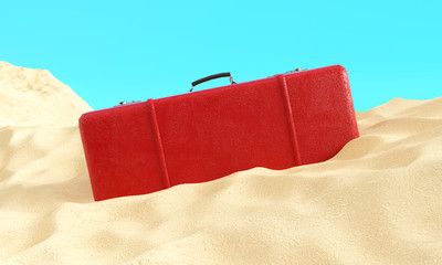 red suitcase in the sand 3d render against a blue sky, travel concept