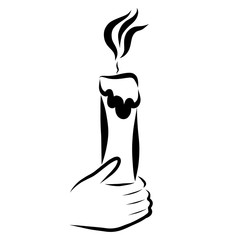 burning candle in hand, black contour on white background