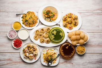 group of Bombay chat food includes golgappa/panipuri, bhel-puri, sev-poori, dahipuri, Ragda pattice, raj kachori etc. selective focus