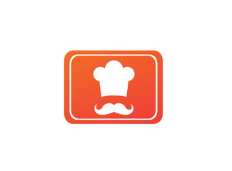 Cooker with mustache smile and wear a big hat logo design illustration in a rectangle shape