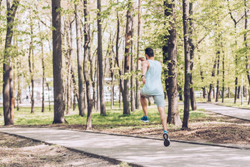 back view of young man in sportswear exercising in green sunny park