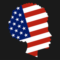 National flag of United States of America in form of African-American girl head silhouette. Freedom, patriotism and equality concept. Vector EPS10 illustration.