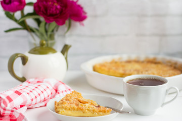 delicious fresh cheesecake and Breakfast dishes on the table