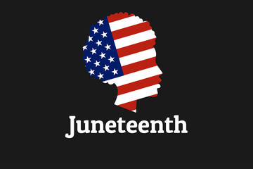 Juneteenth Freedom, Emancipation, Independence Day. June 19. African-American girl silhouette with national flag of United States of America. For poster, banner, card and background. Vector EPS10