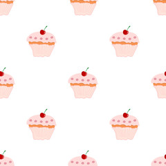 Seamless pattern with cupcake and cherry on white background. Sweet food. Vector illustration for design, web, wrapping paper, fabric, wallpaper.