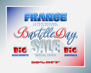 Holiday design, background with handwriting and 3d texts, national flag colors for Fourteenth of July, Bastille day, France National holiday, sales and commercial events