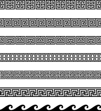 Collection of Greek Key / Meander geometric ornamental borders. Seamless decorative set in black color.