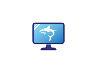 Angry blue shark fish Logo design illustration i a screen shape icon