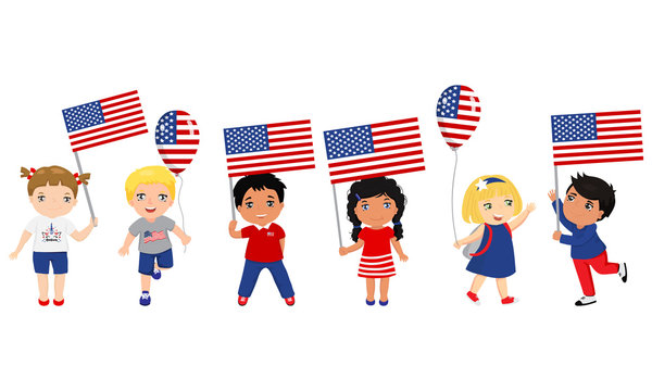 children holding USA flags and balloons. Vector illustration. Modern design template