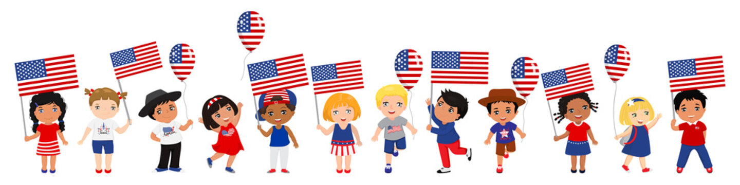 children holding USA flags and balloons. Vector illustration. Modern design template