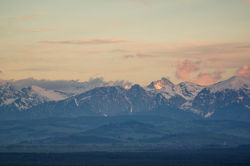Fototapeta na wymiar Sunset over the Giewont peak in Tatra mountains