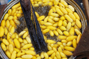 Boiling cocoon in pot. How to processing thai silk thread form cocoon. Selective focus and motion blur in action.