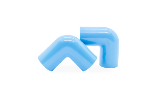 PVC blue pipe elbow 90 degree connect fitting isolated white background.