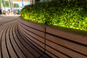 Wooden bench curve in department stores outdoor zone.