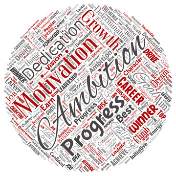 Vector conceptual leadership ambition or motivation round circle red successful character word cloud isolated background. Collage of business growth challenge, positive dream inspiration goal concept