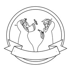 young couple students graduated celebrating in circular frame