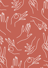 Woman's hand line terracotta and white Background. Vector Print of female hands of different gestures - victory, okay. Template A5 A4 A3 for wedding, invitations, banners, cards, business card