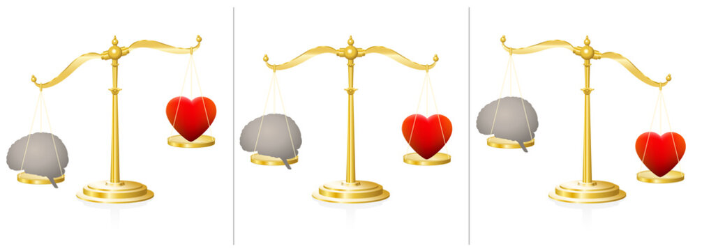 Mind and soul balance scale with heart and brain. Symbolic for equivalence of emotion and intellect, of feeleing and thinking. Equal and unequal weightiness. Vector on white.