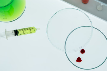 Erlenmeyer flask, Petri dish, Test tubes and a syringe with drops of blood inside is placed on...