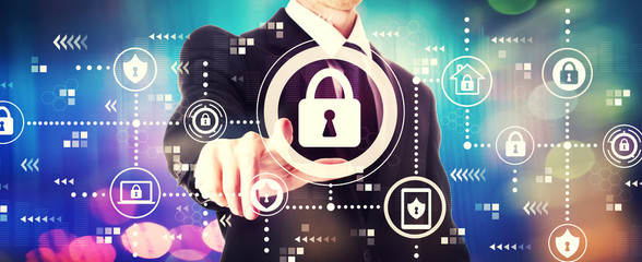 Cyber security theme with a businessman on a shiny background