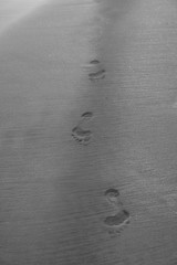 Footprints of bare feet on the sand of the beach. The coast of the ocean, the sea. Tourist background for travel agency. Stock photo