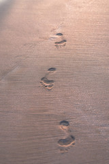 Footprints of bare feet on the sand of the beach. The coast of the ocean, the sea. Tourist background for travel agency. Stock photo
