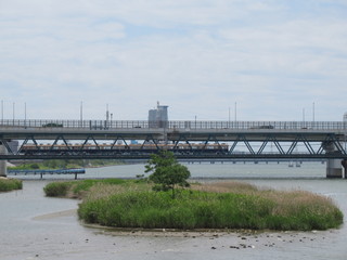 梅雨入り前のお昼時、淀川に架かる鉄橋を通過する阪神電車