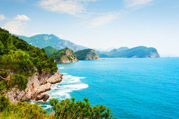 Fototapeta na wymiar Beautiful sea coast near Petrovac, Montenegro. Summer landscape, sea view. Famous travel destination