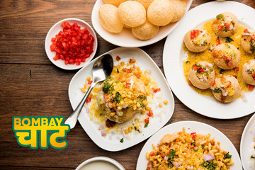 group of Bombay chat food includes golgappa/panipuri, bhel-puri, sev-poori, dahipuri, Ragda pattice, raj kachori etc. selective focus