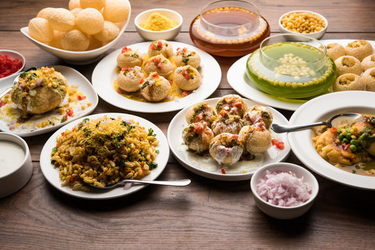 group of Bombay chat food includes golgappa/panipuri, bhel-puri, sev-poori, dahipuri, Ragda pattice, raj kachori etc. selective focus