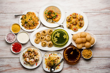 group of Bombay chat food includes golgappa/panipuri, bhel-puri, sev-poori, dahipuri, Ragda...