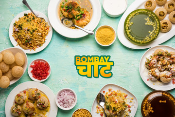 group of Bombay chat food includes golgappa/panipuri, bhel-puri, sev-poori, dahipuri, Ragda pattice, raj kachori etc. selective focus - obrazy, fototapety, plakaty