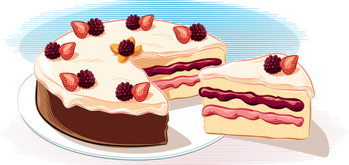 A cake covered with fruit cream, with strawberries and blackberries on a white background, in vector.
