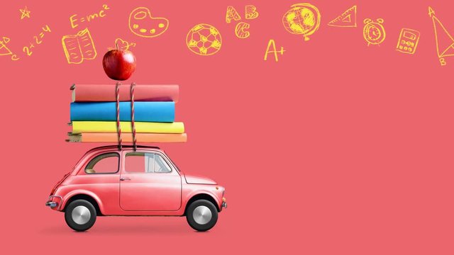 Back to school looped 4k animation. Car delivering books and apple against coral colored school blackboard with education symbols.