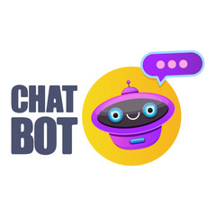 Naklejka premium cute chatbot character or intelligent assistant with speech bubble isolated on white background. Vector Funny robot assistant, chatter bot, helper chatbot logo or label