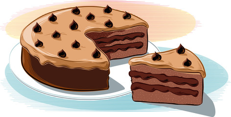 Big chocolate cake with cocoa cream and chocolate chips, on a white background, in vector.